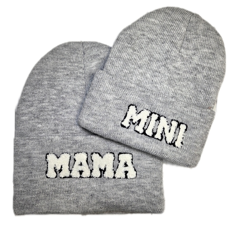 Gray Knit Beanie Set for Kids and Adults